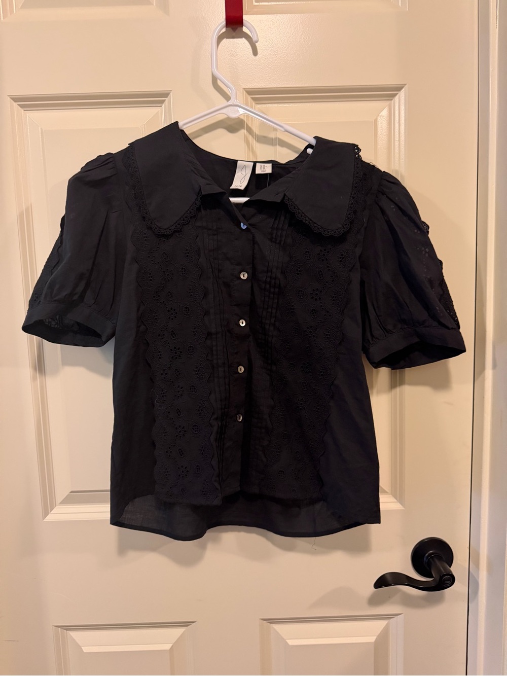 Joie Black Eyelet Button-Front Puff Sleeve Blouse